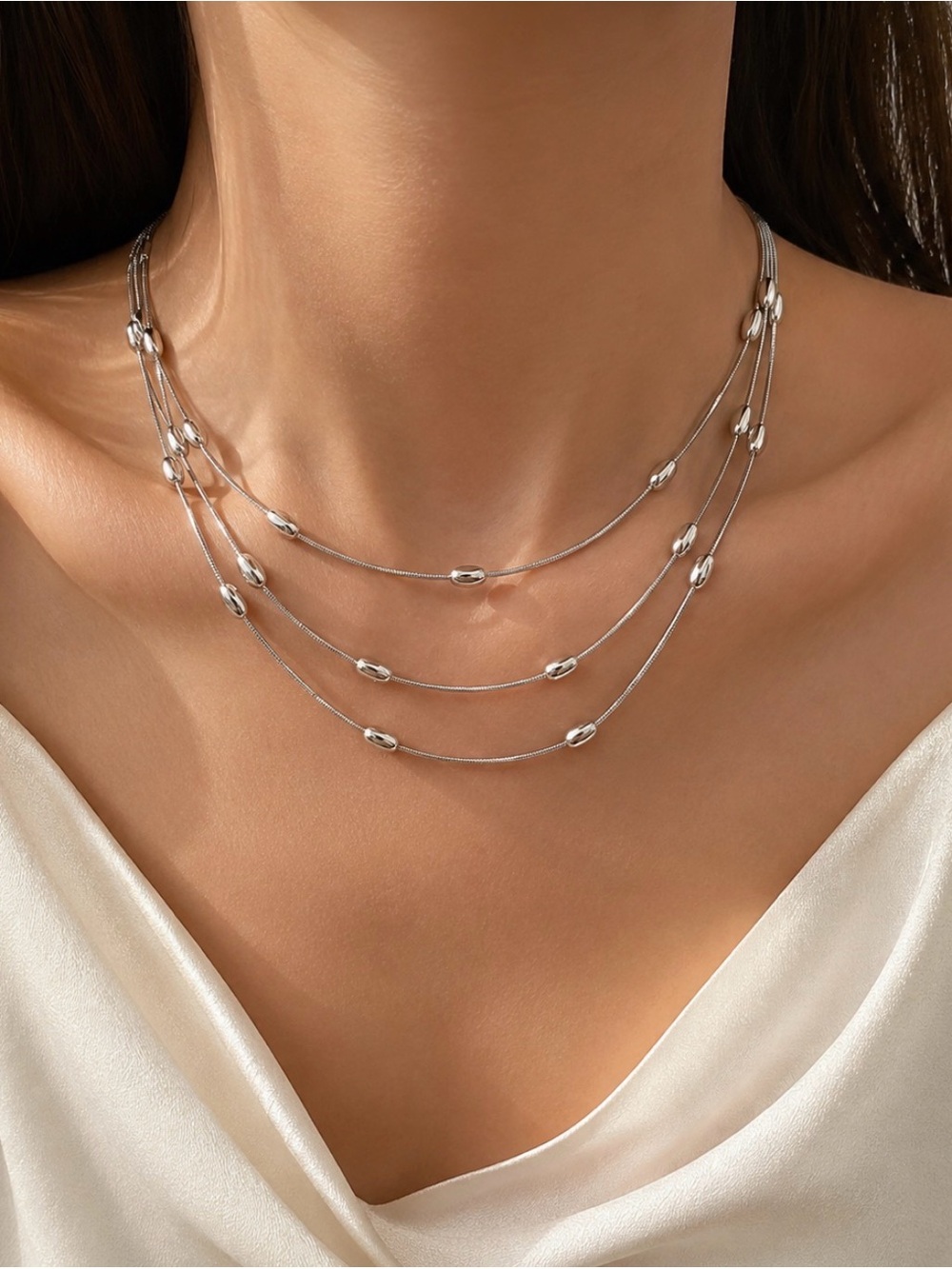 316L Stainless Steel Silver Multi Layer Beaded Long Necklace Waterproof Jewelry